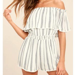 Lulus See Ya There White Print Off-the-Shoulder Romper (Large)